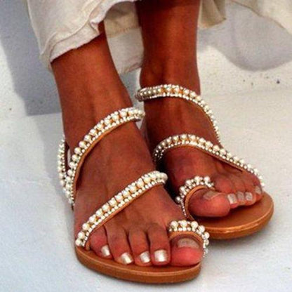 Creamtopmall Imitation Pearl Pu Sandals Flip-flops Summer Sandals