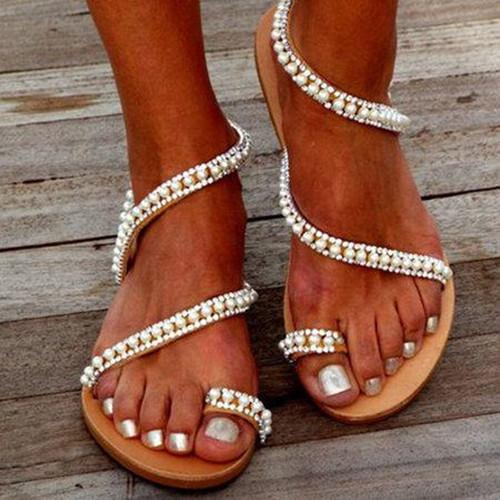 Creamtopmall Imitation Pearl Pu Sandals Flip-flops Summer Sandals