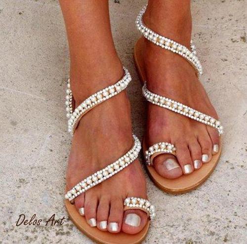 Creamtopmall Imitation Pearl Pu Sandals Flip-flops Summer Sandals