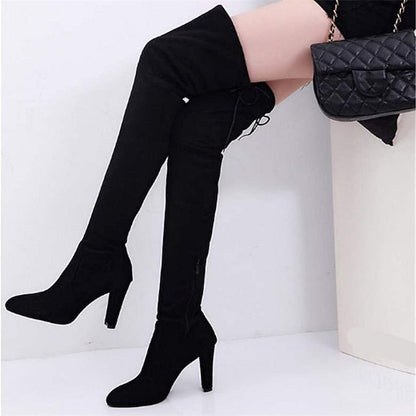 creamtopmall Autumn Boots  Women's Boots Plus Size Heel Boots Daily Over The Knee Boots Crotch High Boots Winter Lace-up Chunky Heel Pointed Toe Sweet Suede Loafer Solid Colored Black Red Gray