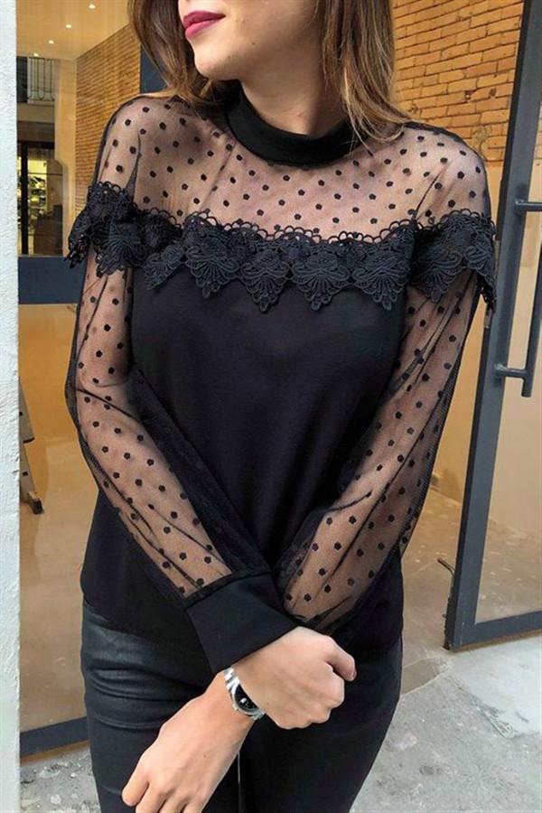 Creamtopmall Lace Hollow Out Long Sleeve Top