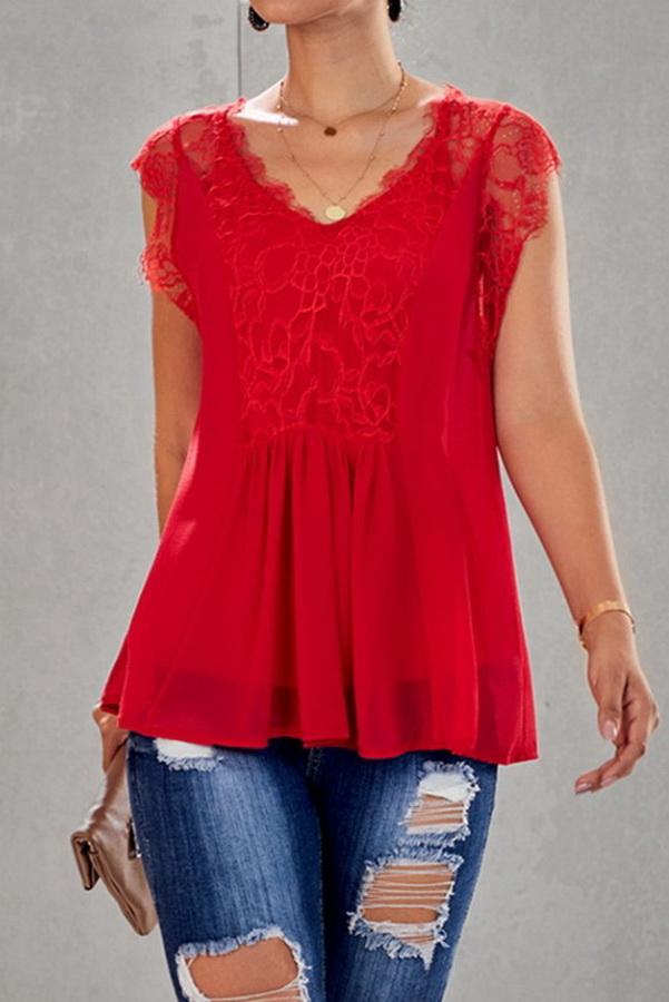 Creamtopmall Lace Stitching V-neck Loose Blouse