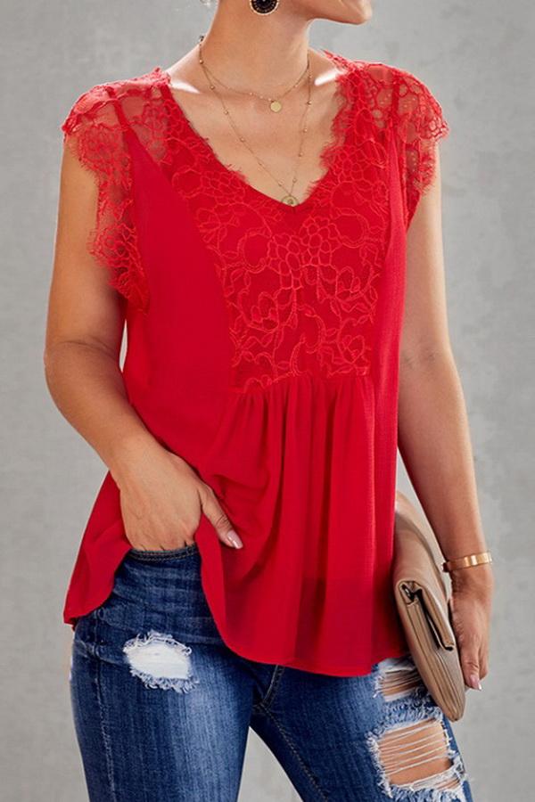 Creamtopmall Lace Stitching V-neck Loose Blouse