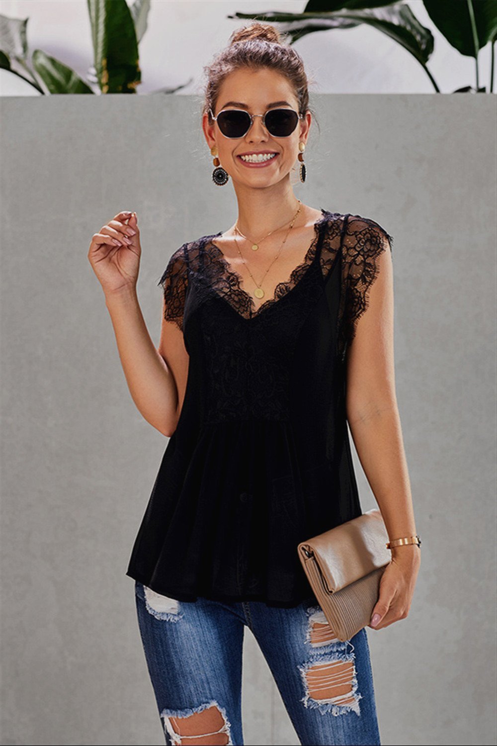 Creamtopmall Lace Stitching V-neck Loose Blouse