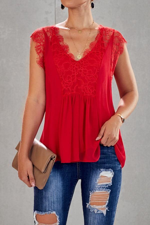 Creamtopmall Lace Stitching V-neck Loose Blouse