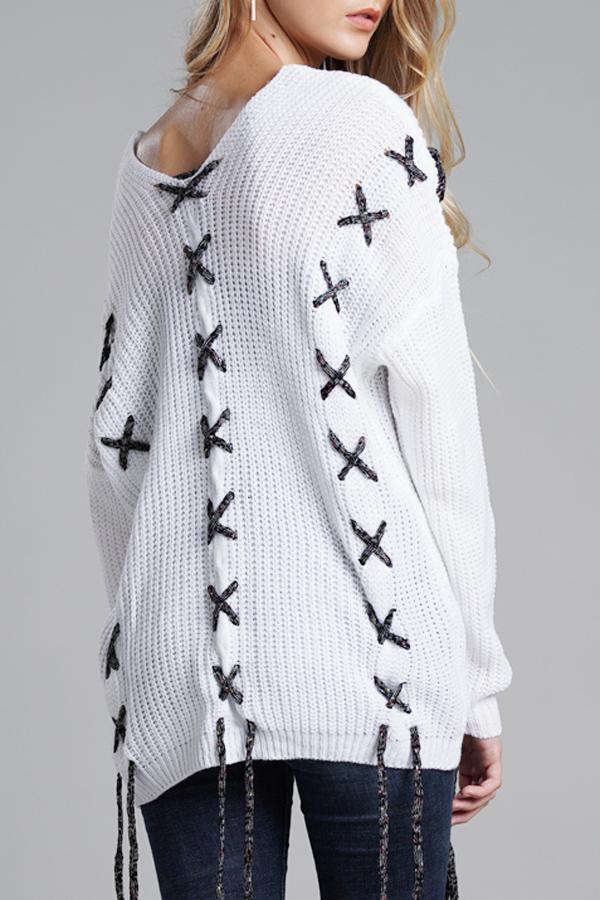 Creamtopmall Lace-up Leisure Open Knit Sweater