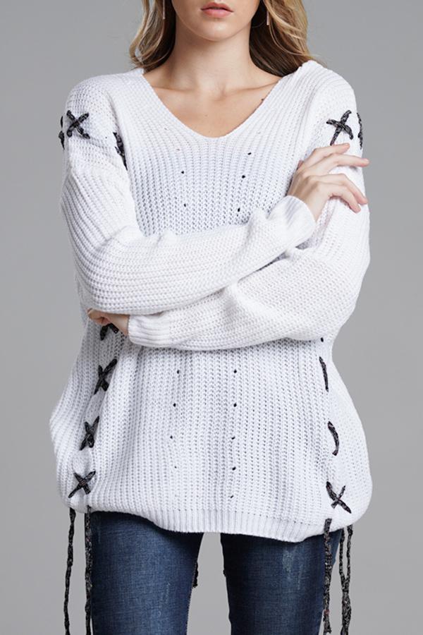 Creamtopmall Lace-up Leisure Open Knit Sweater