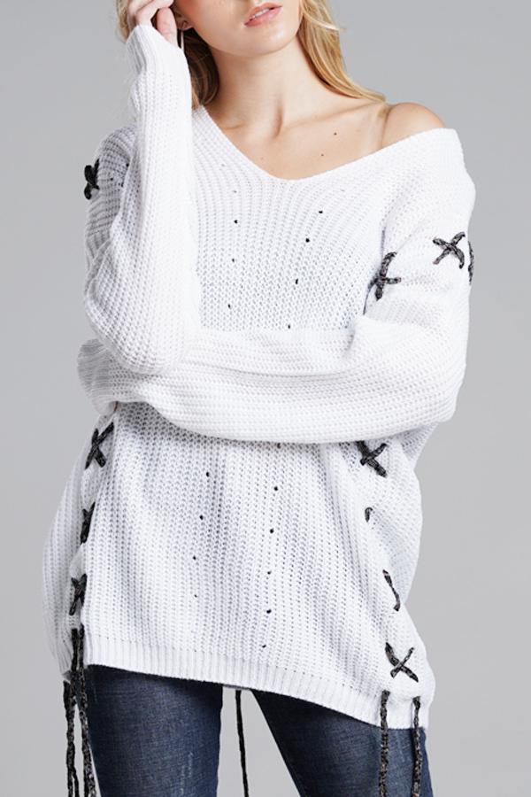 Creamtopmall Lace-up Leisure Open Knit Sweater