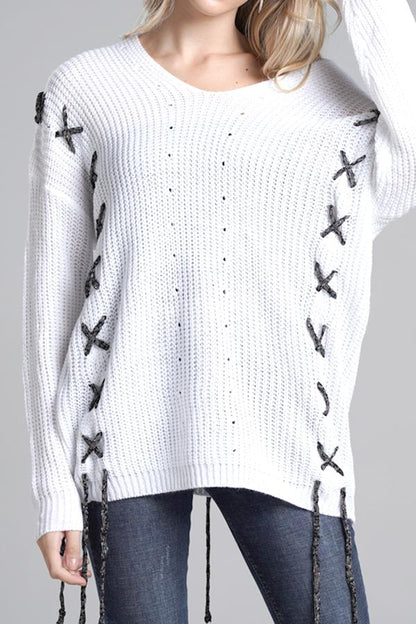 Creamtopmall Lace-up Leisure Open Knit Sweater