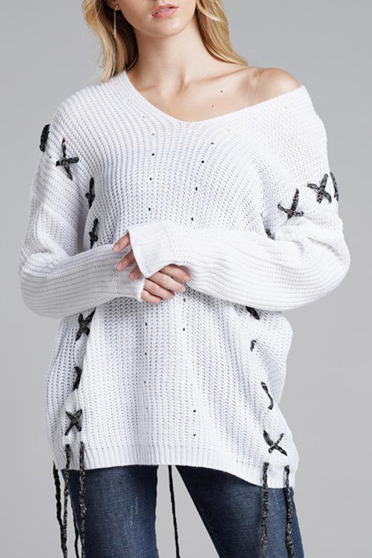 Creamtopmall Lace-up Leisure Open Knit Sweater