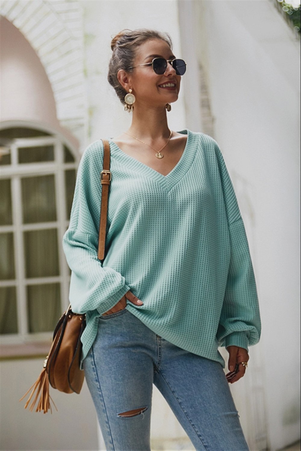 Creamtopmall Lantern Sleeve V Neck Loose Sweater