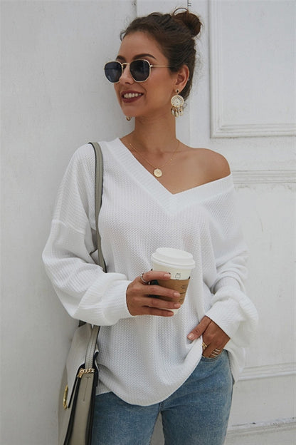 Creamtopmall Lantern Sleeve V Neck Loose Sweater