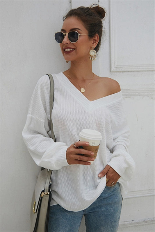 Creamtopmall Lantern Sleeve V Neck Loose Sweater