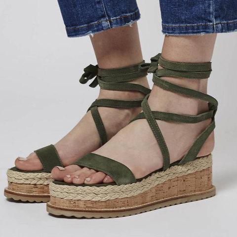 Creamtopmall Leather Wedge Sandals Casual Lace Up Shoes