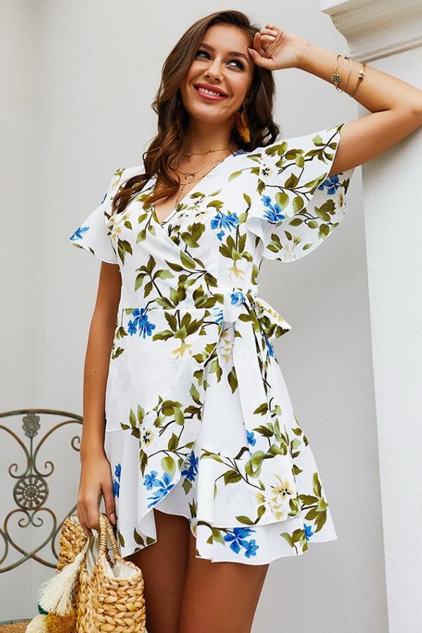 Creamtopmall Leaves Print V Neck Wrap Knot Dress