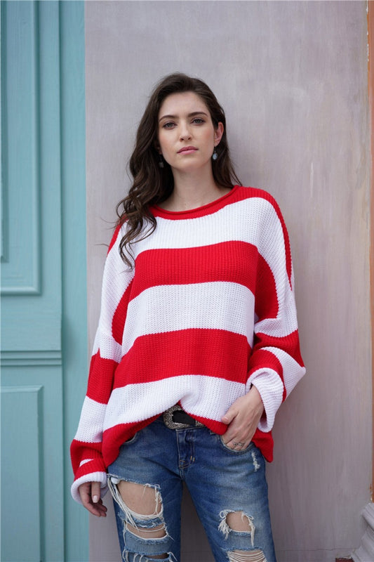 Creamtopmall Leisutr Striped Round Neck Sweater