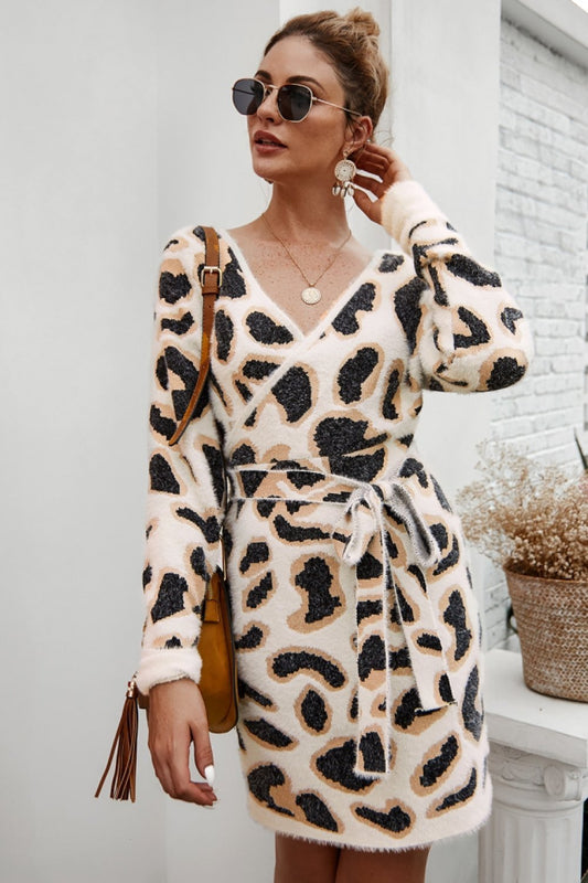 Creamtopmall Leopard Long-sleeved Belt Short Dress