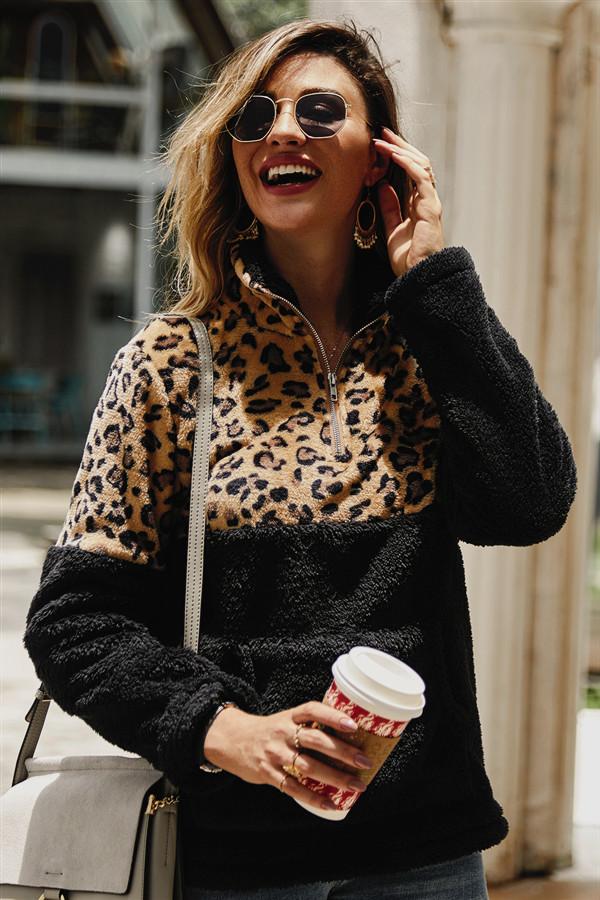 Creamtopmall Leopard Pattern Stitching Fleece Pullover