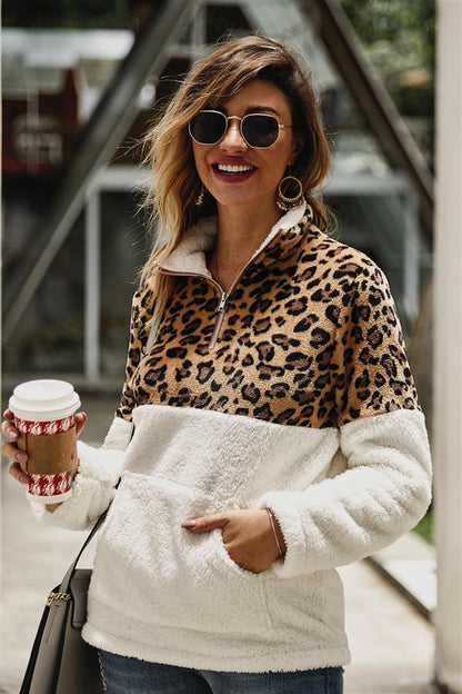 Creamtopmall Leopard Pattern Stitching Fleece Pullover