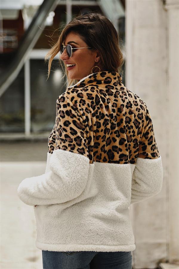 Creamtopmall Leopard Pattern Stitching Fleece Pullover