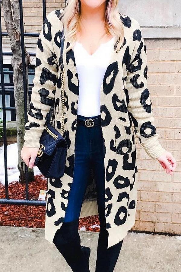 Creamtopmall Leopard Print Long Sweater Coat