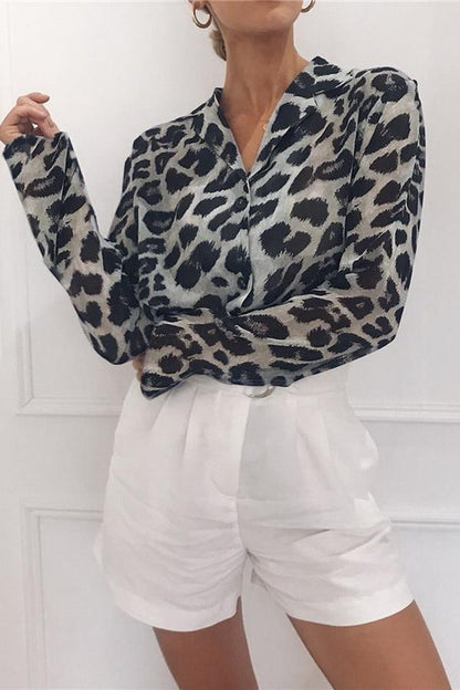 Creamtopmall Leopard Print V-neck Long Sleeve Chiffon Jacket