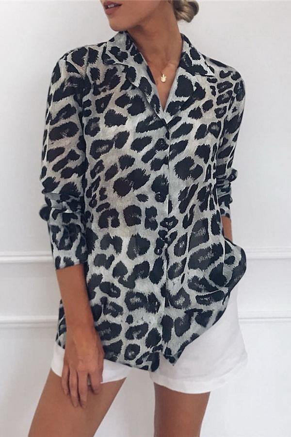 Creamtopmall Leopard Print V-neck Long Sleeve Chiffon Jacket