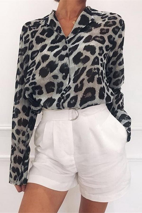 Creamtopmall Leopard Print V-neck Long Sleeve Chiffon Jacket