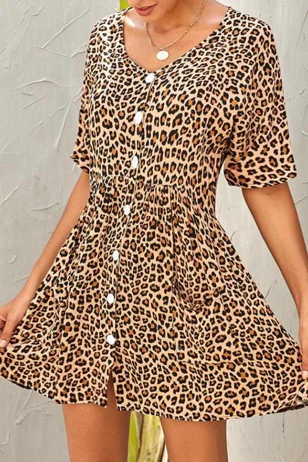 Creamtopmall Leopard Print V-neck Loose Dress