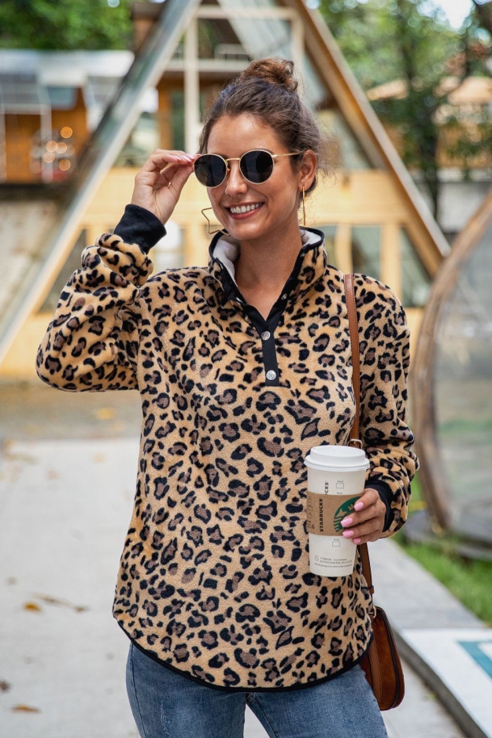 Creamtopmall Leopard Stand Collar Buttons Sweatshirt