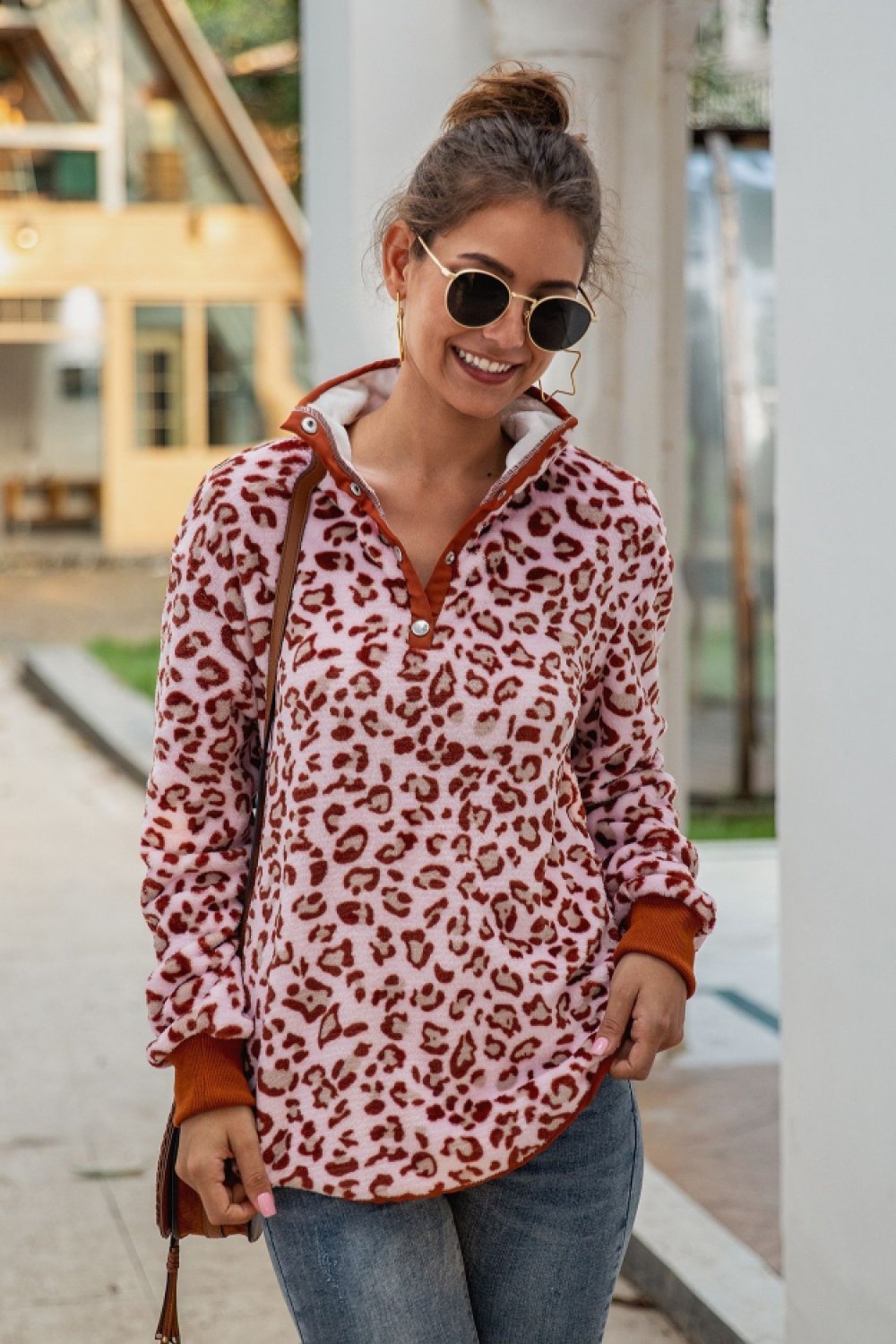 Creamtopmall Leopard Stand Collar Buttons Sweatshirt