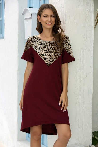 Creamtopmall Leopard Stitching Pocket Loose Dress