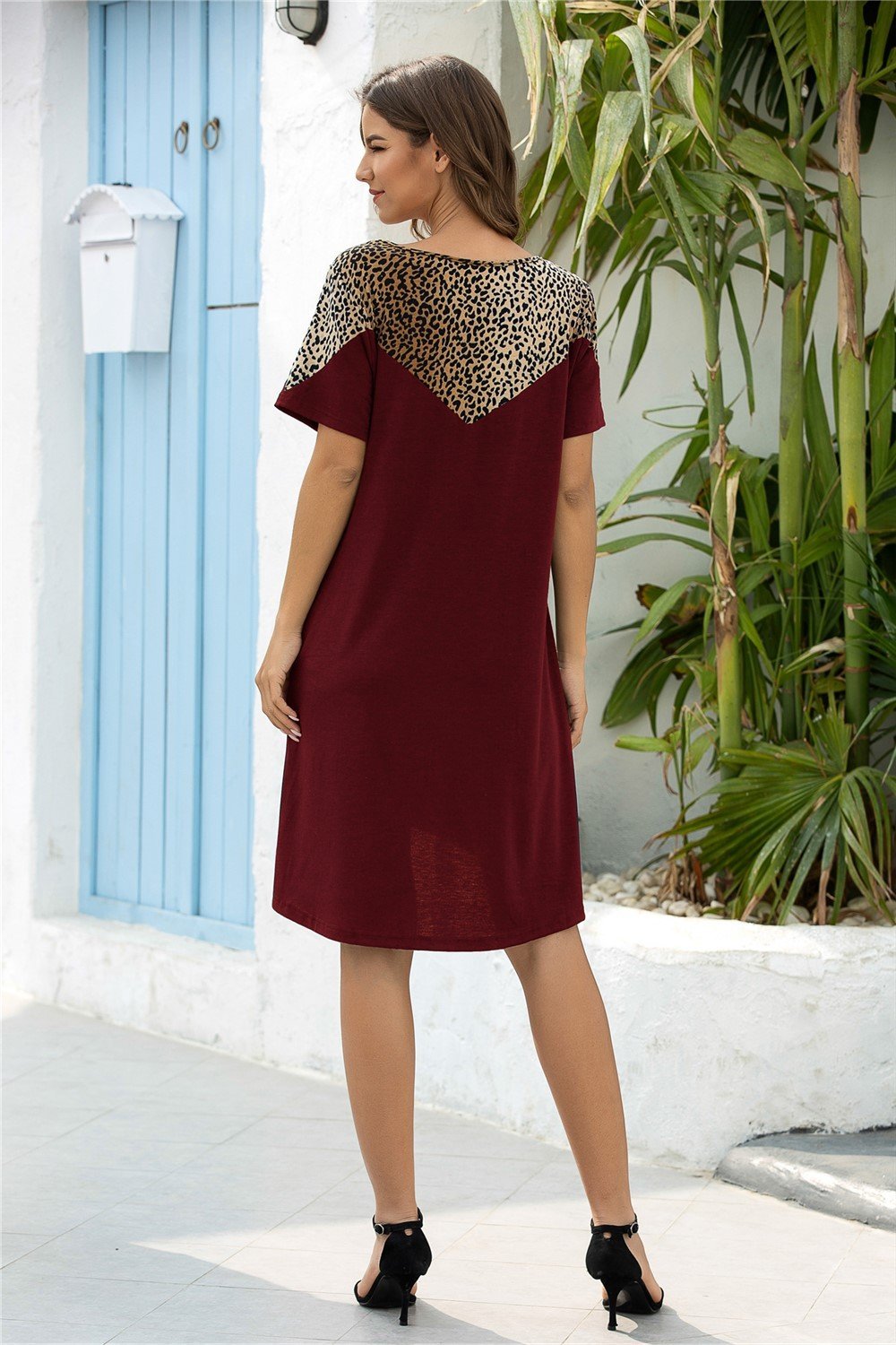 Creamtopmall Leopard Stitching Pocket Loose Dress