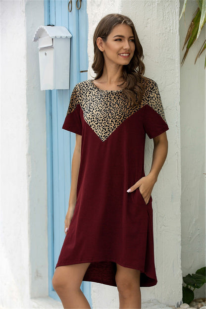 Creamtopmall Leopard Stitching Pocket Loose Dress