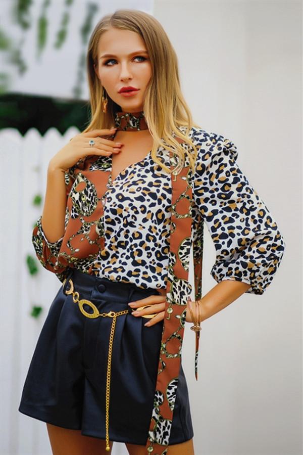 Creamtopmall Leopard Three Quarter Length Sleeve Blouse