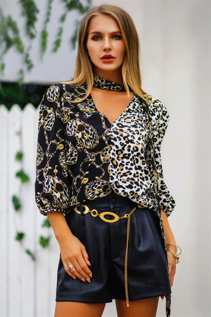 Creamtopmall Leopard Three Quarter Length Sleeve Blouse