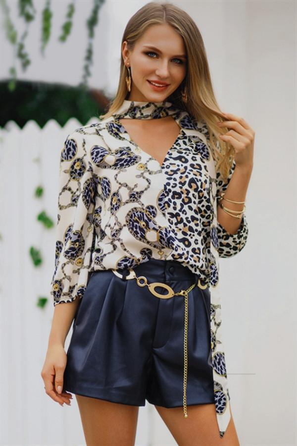 Creamtopmall Leopard Three Quarter Length Sleeve Blouse