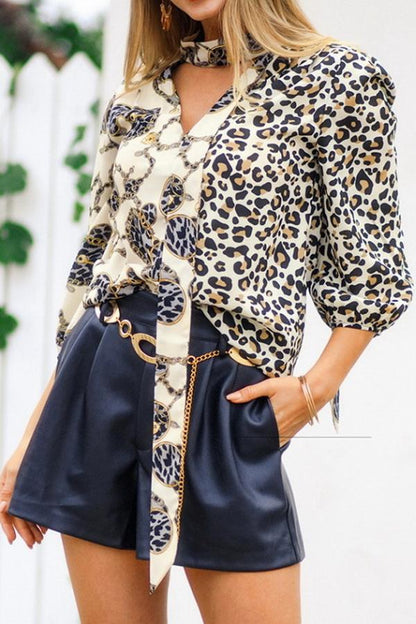 Creamtopmall Leopard Three Quarter Length Sleeve Blouse