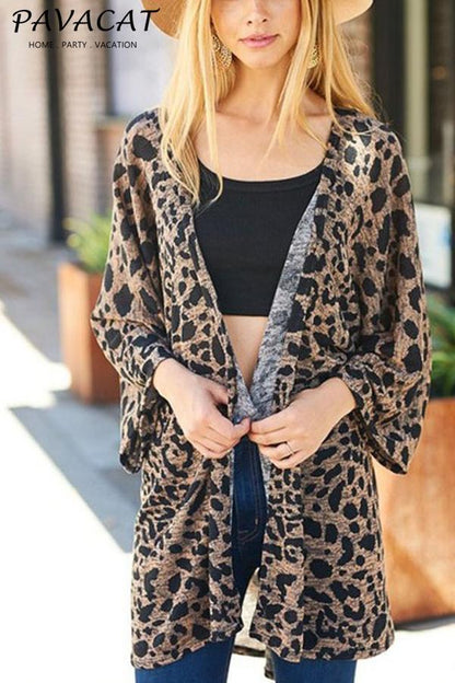 Creamtopmall Leopard Three Quarter Length Sleeve Coat