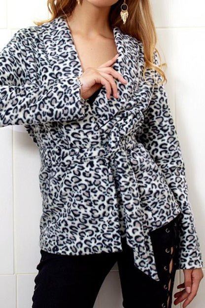 Creamtopmall Leopard Turn-down Collar Belt Coat