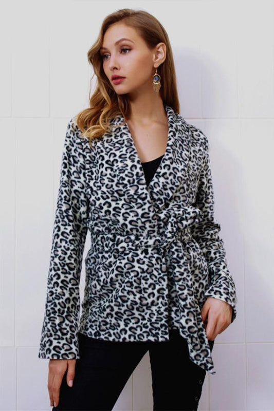 Creamtopmall Leopard Turn-down Collar Belt Coat