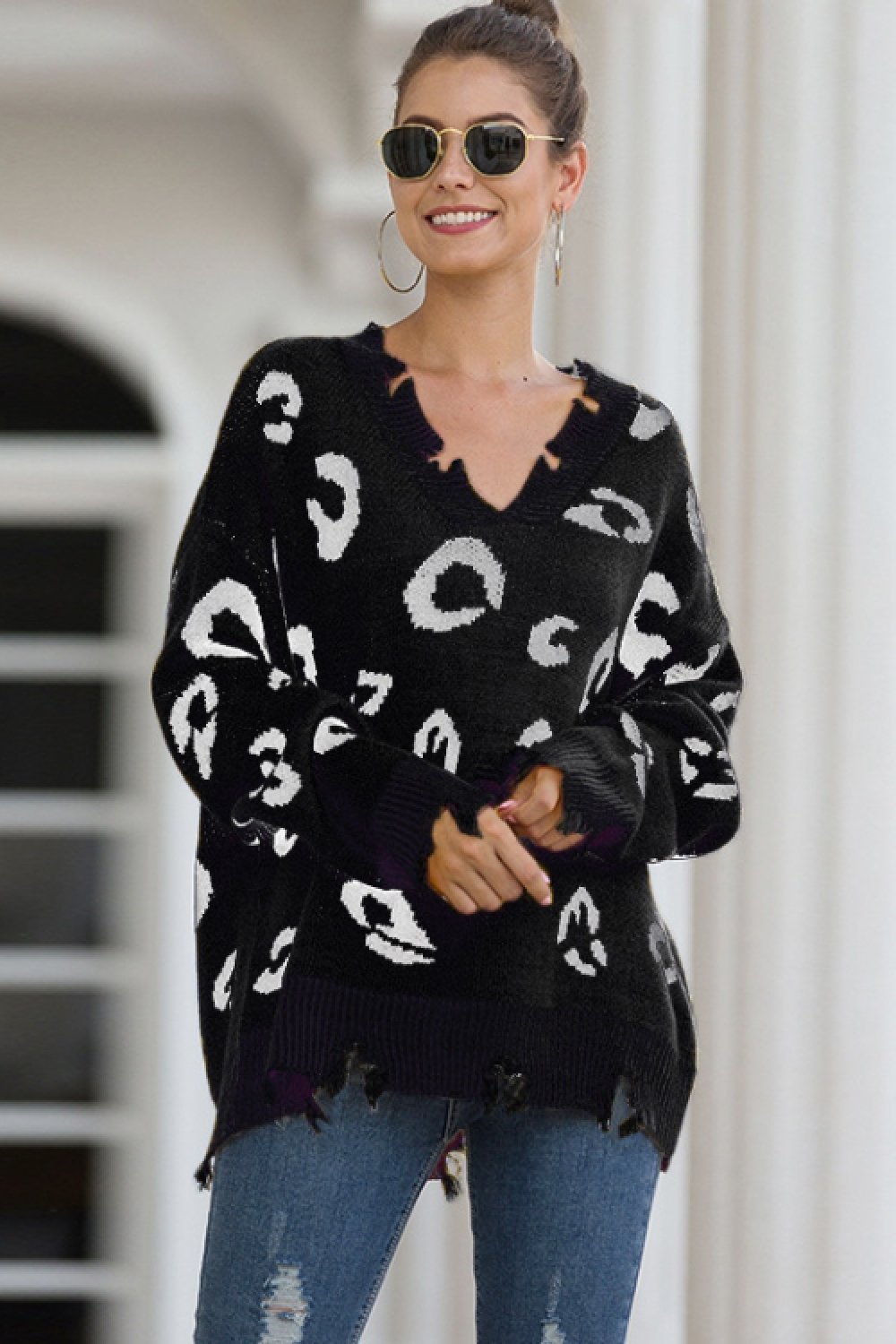 Creamtopmall Leopard V Neck Frayed Sweater