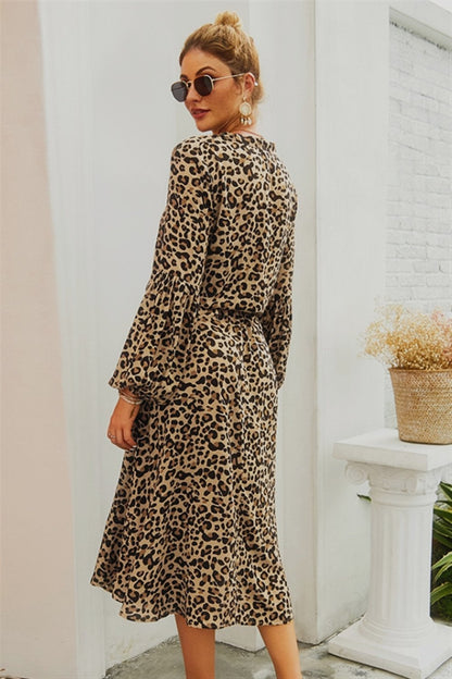 Creamtopmall Leopard V Neck Long Sleeved Mid Dress