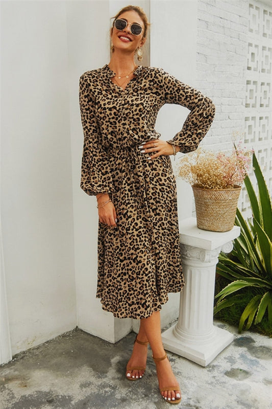 Creamtopmall Leopard V Neck Long Sleeved Mid Dress