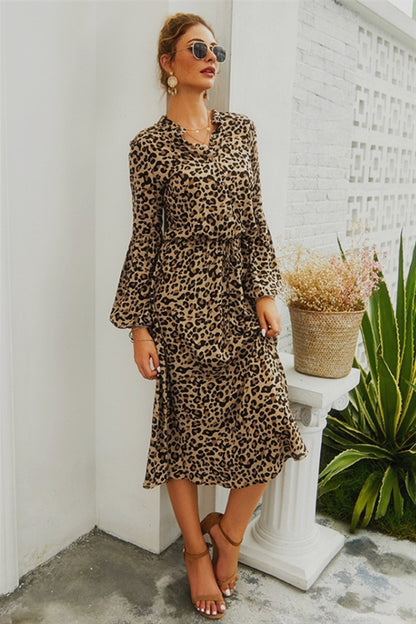 Creamtopmall Leopard V Neck Long Sleeved Mid Dress