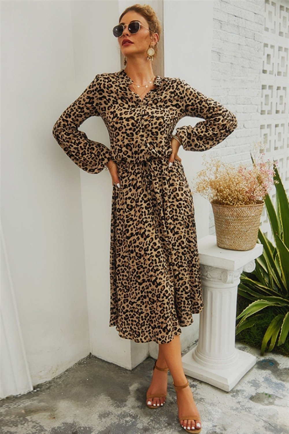 Creamtopmall Leopard V Neck Long Sleeved Mid Dress