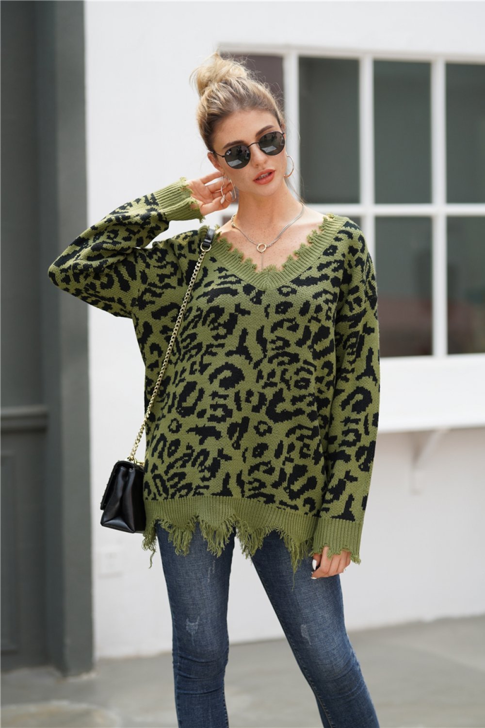 Creamtopmall Leopard V Neck Loose Sweater - Blanchedalmond