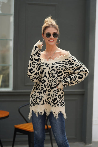 Creamtopmall Leopard V Neck Loose Sweater