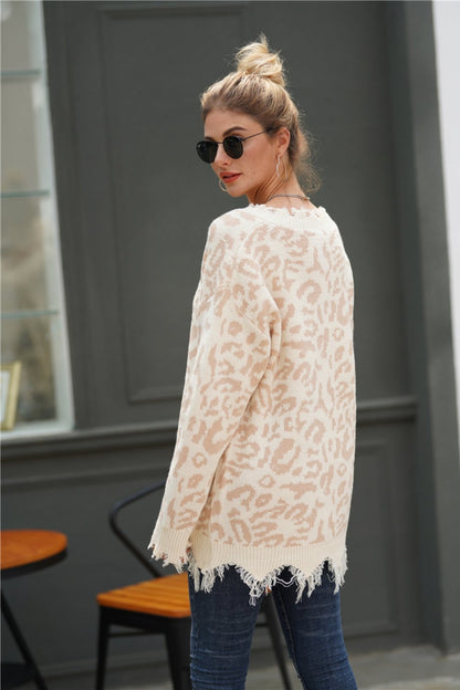 Creamtopmall Leopard V Neck Loose Sweater - Blanchedalmond