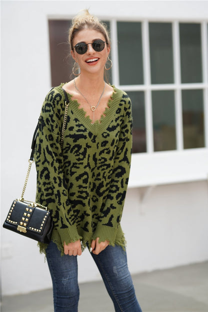 Creamtopmall Leopard V Neck Loose Sweater